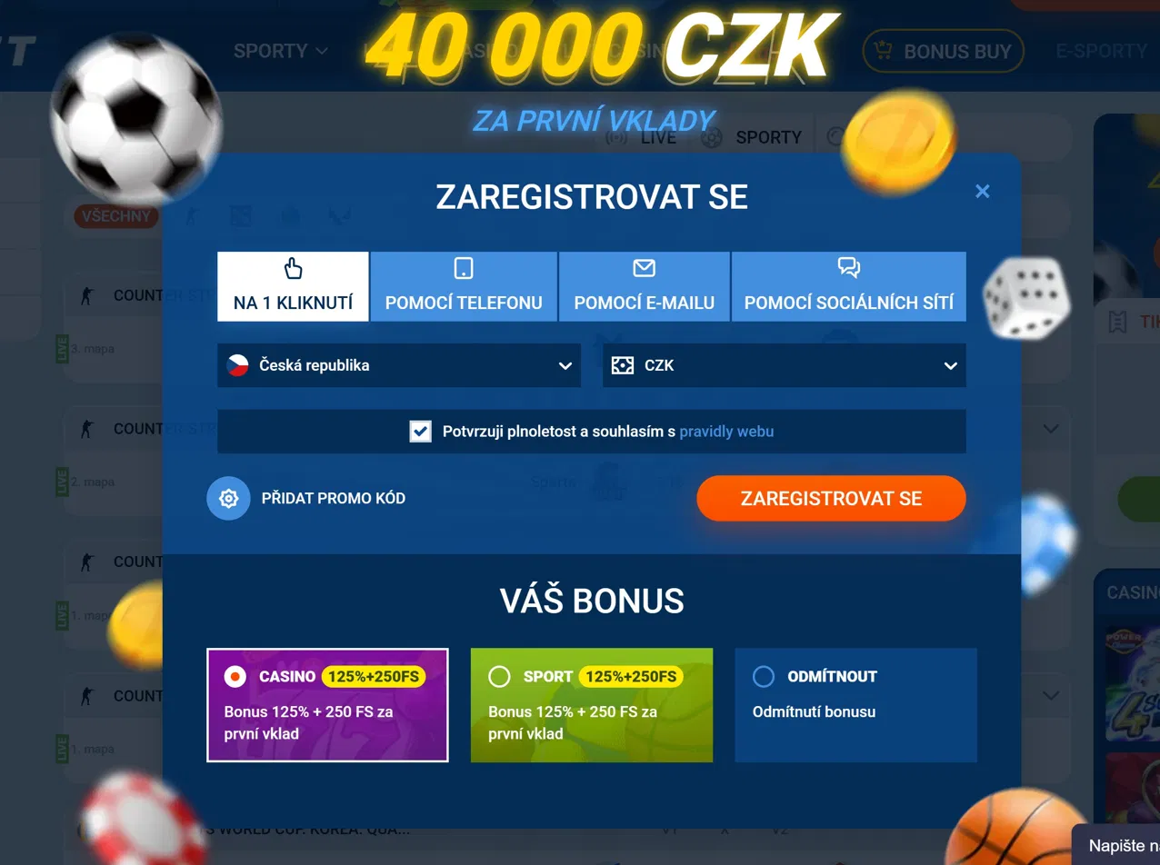 Registrace Mostbet – formulář s výběrem bonusu Casino a Sport